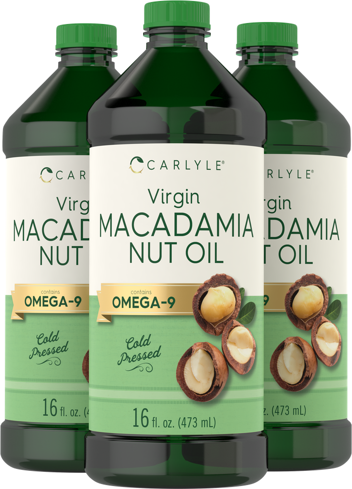 Three bottles of Virgin Macadamia Nut Oil, each containing 16 fl. oz. (473 mL).