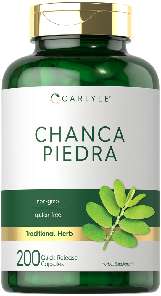 200 green Quick Release Chanca Piedra Capsules are displayed in bulk on a hand scale.