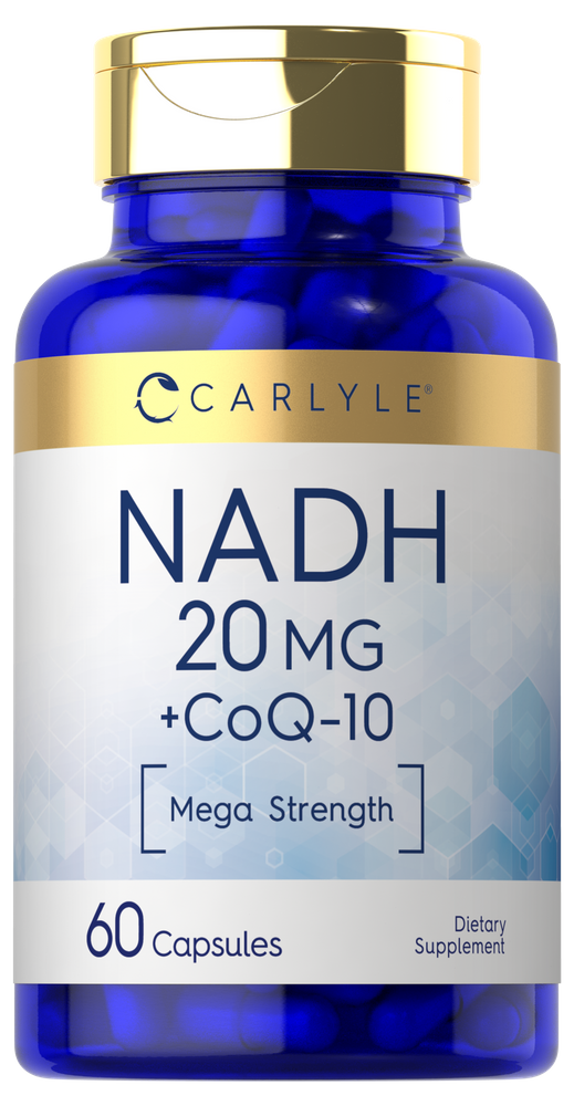 NADH 20 mg with CoQ-10, available in a bottle of 60 capsules, displayed on a hand scale for size comparison.