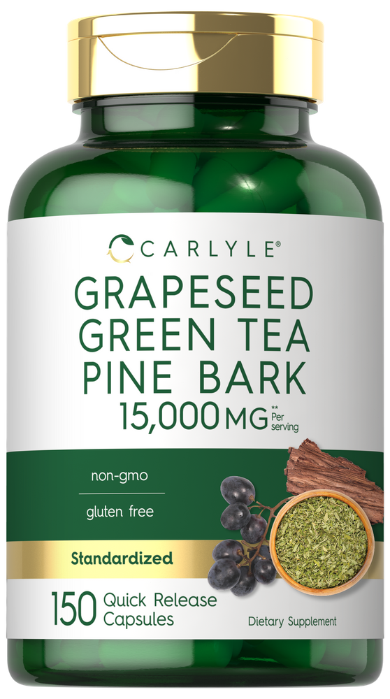 Hand holding Carlyle Grapeseed Green Tea Pine Bark 15,000 MG, 150 Quick Release Capsules.