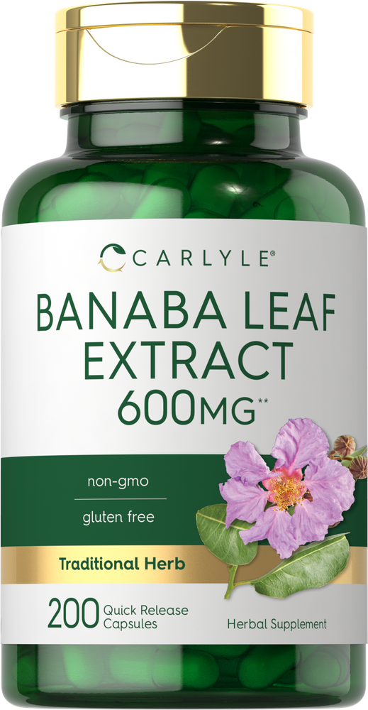 A bottle containing 200 green quick release capsules of 600 mg Banaba Leaf Extract, suitable for bulk purchase.
