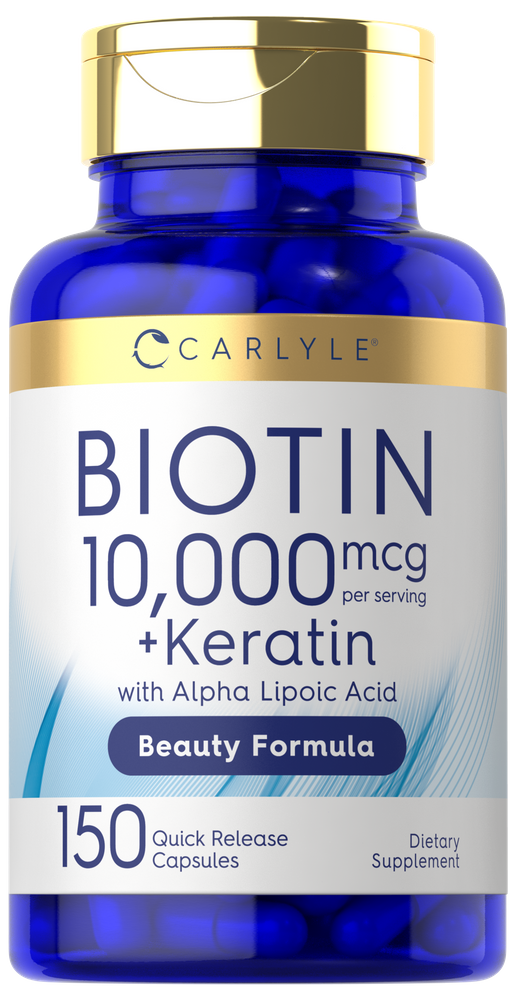Carlyle Biotin 10,000 mcg plus Keratin Complex, containing 150 quick-release capsules.