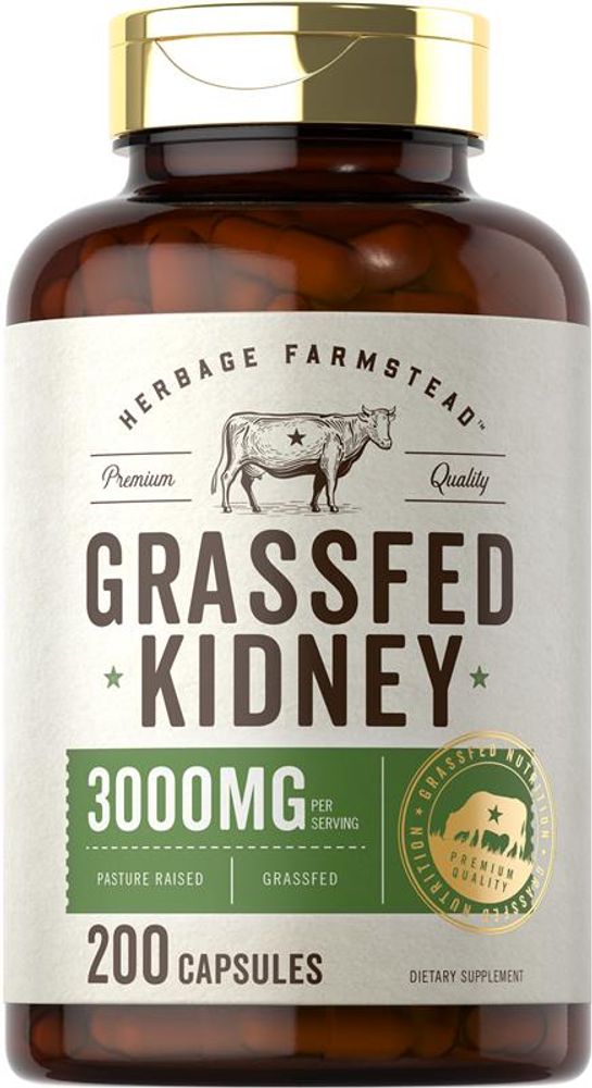 A brown bottle of Grass-Fed Kidney 200 Capsules placed on a scale.