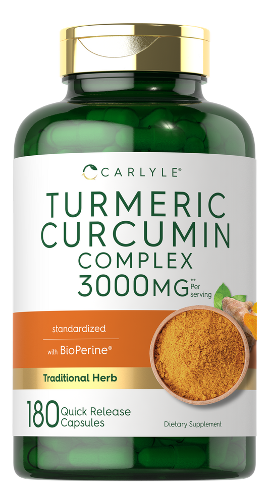 A hand holding a bottle of Turmeric Curcumin Complex 3000 mg capsules, quick release, 180 count, demonstrating bottle size.