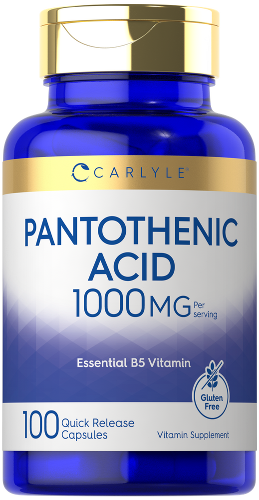 Image of Carlyle Pantothenic Acid 1000 mg quick-release capsules, 100 count, shown on a scale to indicate size or weight.