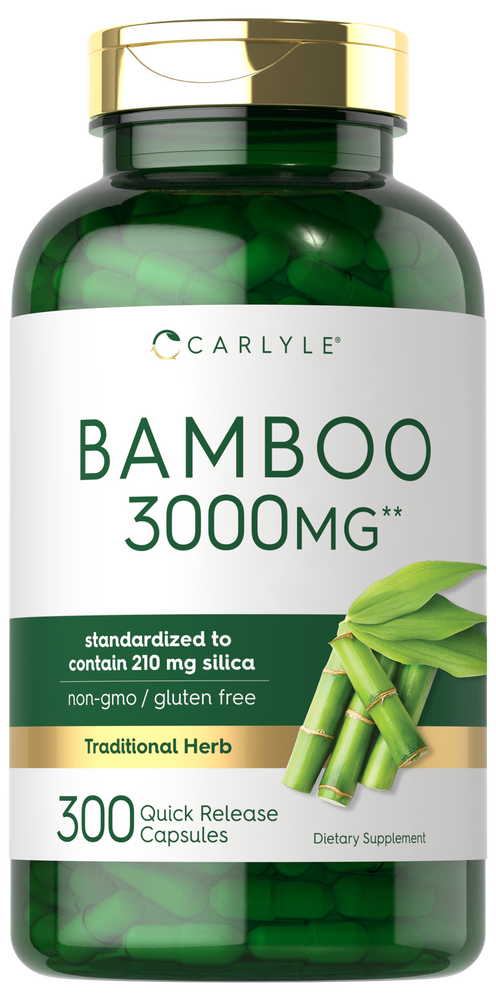 Carlyle Bamboo 3000mg, 300 quick release capsules shown on a bulk scale, demonstrating large quantity packaging for supplement use.