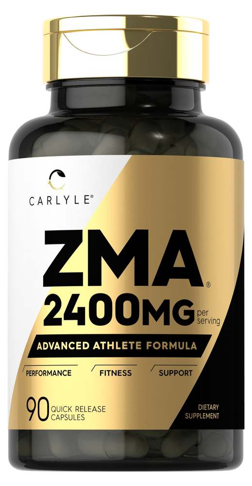 A 90 count bottle of Carlyle ZMA 2400 mg Quick Release Capsules on a hand scale.