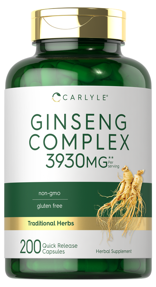 Carlyle Ginseng Complex 3930 mg quick release capsules, 200-count, shown on a scaled hand for size comparison.