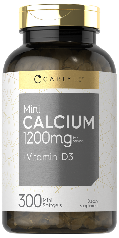 This hand-scale image shows 1200mg Calcium with Vitamin D3 mini softgels, available in a 300 count bottle.