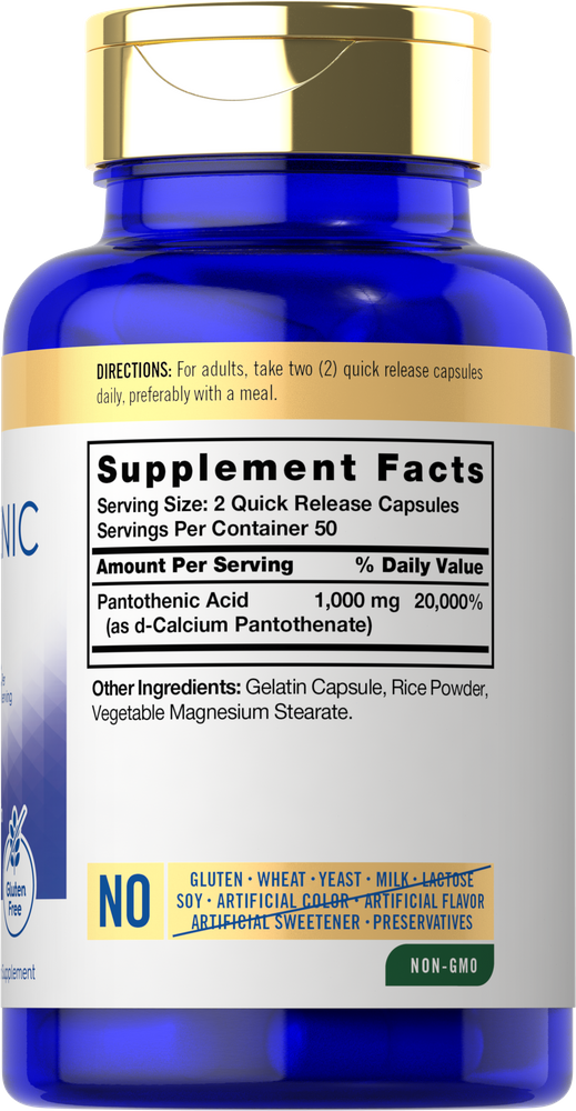 Quick release gelatin capsules, each containing 500 mg of pantothenic acid, shown on a hand scale.