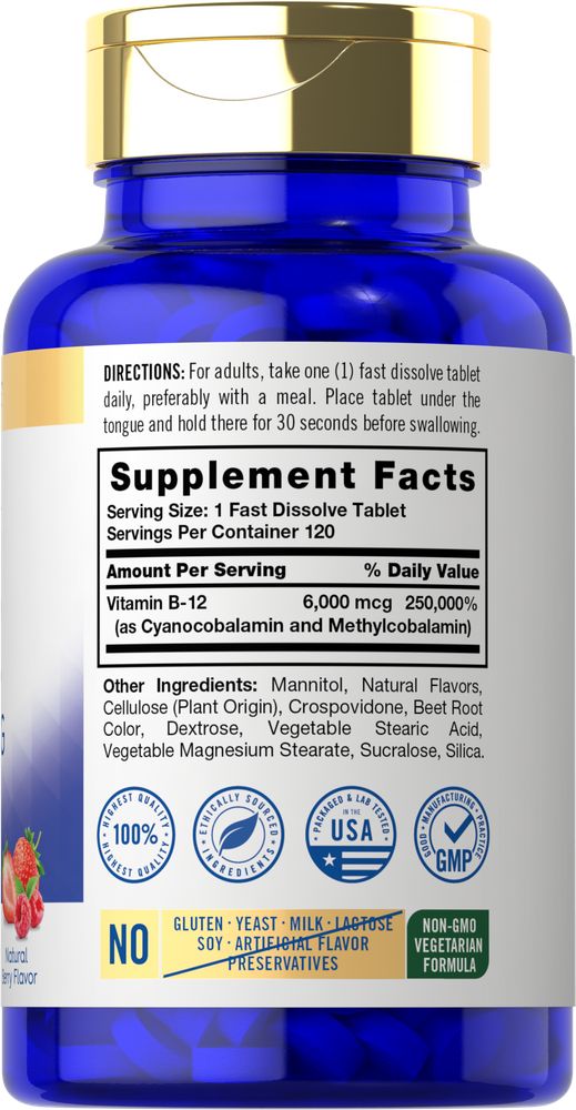A hand holds sublingual fast dissolve tablets of 6,000 mcg Vitamin B-12.