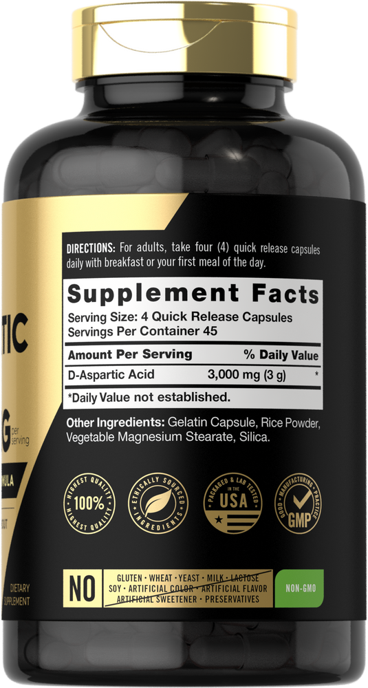 A bottle of D-Aspartic Acid 3000 mg containing 180 capsules is shown on a hand scale, emphasizing the product size and weight.