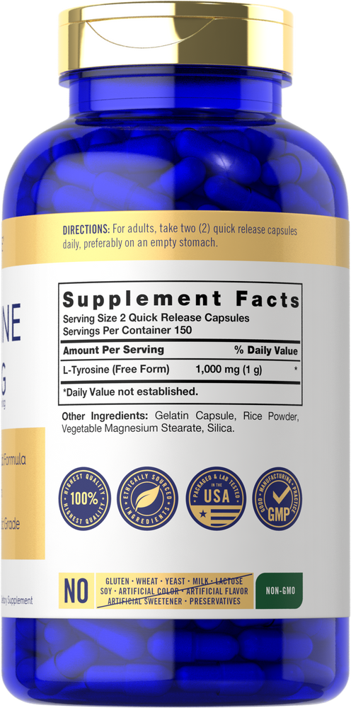 A blue bottle of L-Tyrosine 1000 mg quick release capsules, ideal for supporting mental clarity and energy.