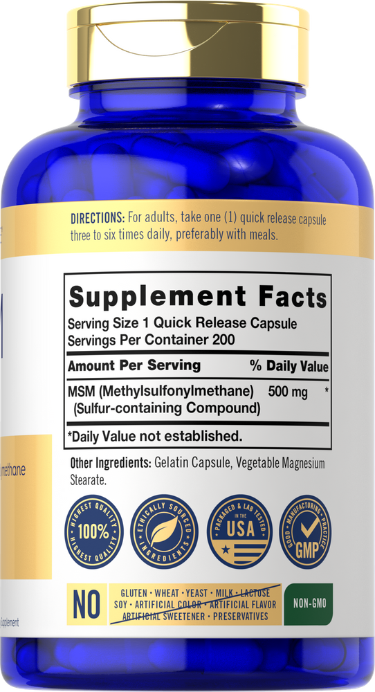 MSM 500 mg, 200 Capsules, showcased in hand for scale.