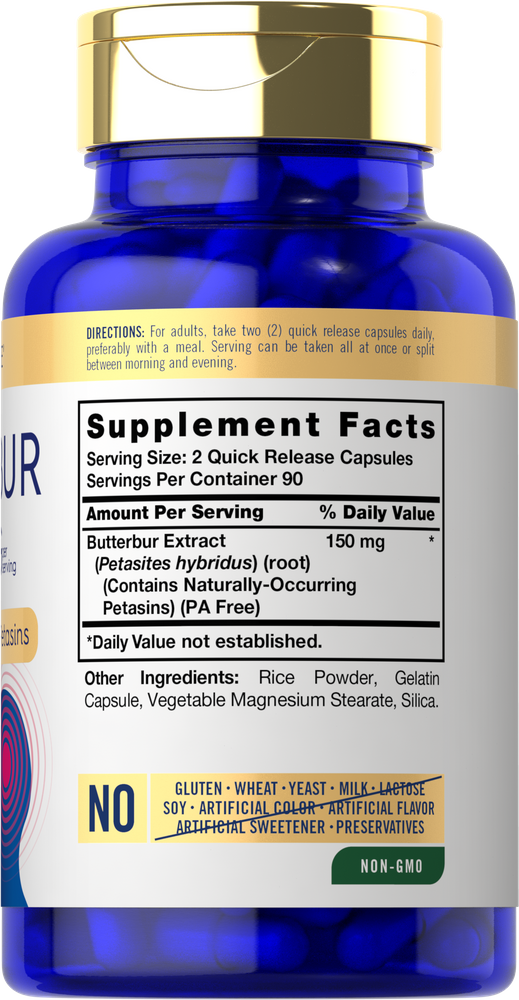 Blue bottle of Butterbur Extract 150 mg capsules with a gold cap.