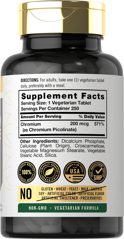 Hand holding Chromium Picolinate tablets, 200 mcg, suitable for vegetarians.