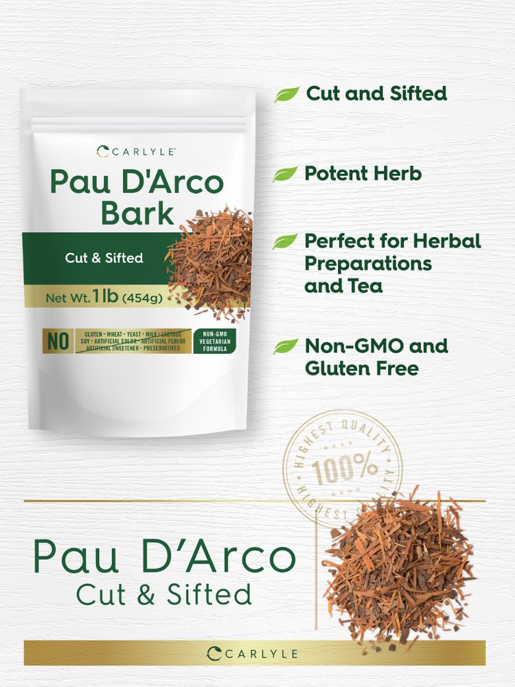 Pau D'Arco Bark, 1 lb (454g), displayed in a pouch and as loose bark pieces on a scale.