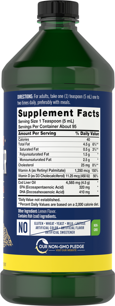 CL Cod Liver Oil Lemon liquid in a 16 fl oz (473 mL) bottle on a hand scale, showing its bulk size and packaging.