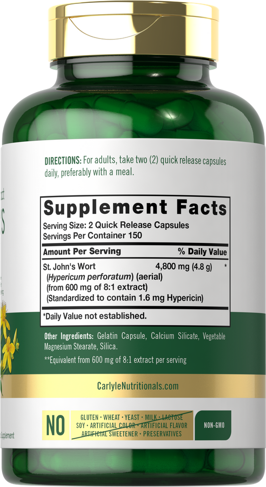 St. John's Wort 4800 mg capsules in quick release form, depicted next to a hand for size reference.