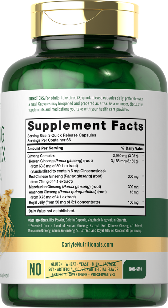 A hand holding Carlyle Ginseng Complex 3930 mg, featuring 200 green quick release capsules for energy support.