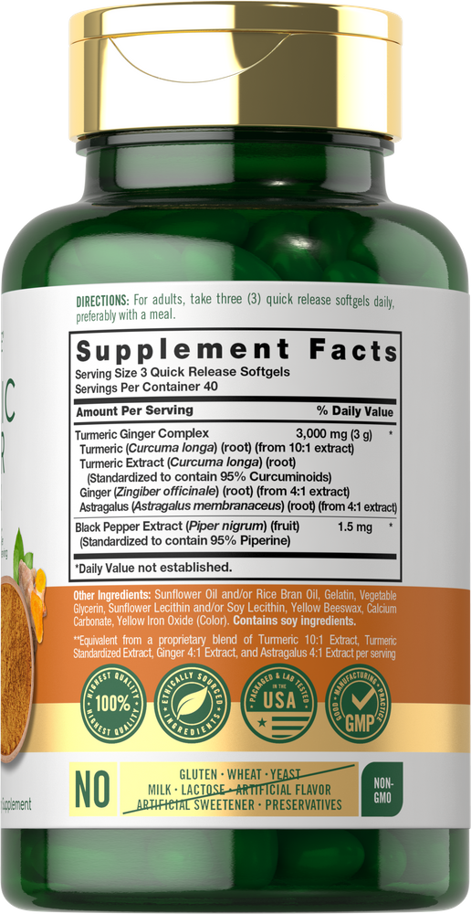 Hand holding a bottle of Turmeric 3000 mg Complex with Ginger, containing 120 softgels, showing supplement details.