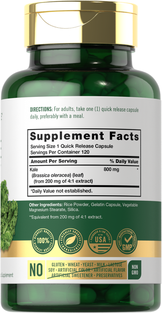 Kale capsules, 800 mg, 120-ct, quick release, on hand scale.