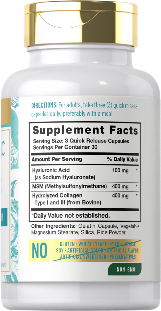 Hand holding CL Carlyle Collagen Hyaluronic Acid Complex bottle with 90 capsules, 3 per serving.
