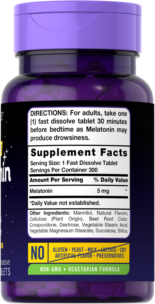 A bottle of Melatonin 5 mg with 300 fast dissolve tablets, suitable for those needing a sleep aid supplement in bulk.