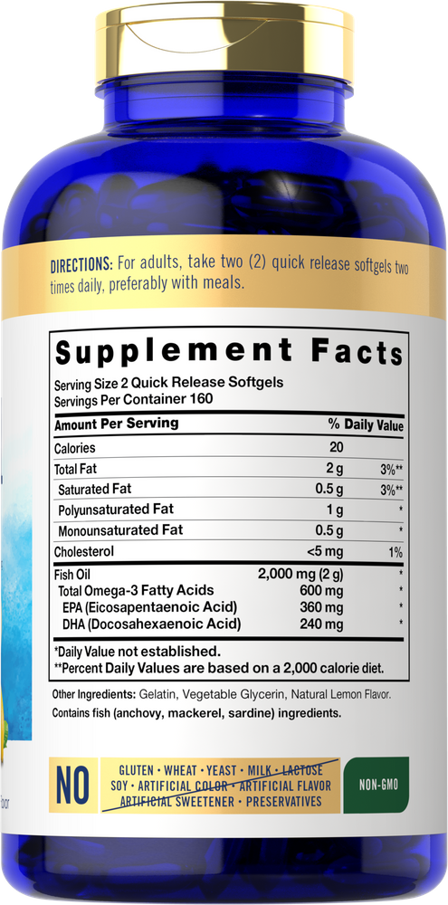 Image of Carlyle Fish Oil 2000 mg supplement facts panel, showing nutritional information for 320 softgels.