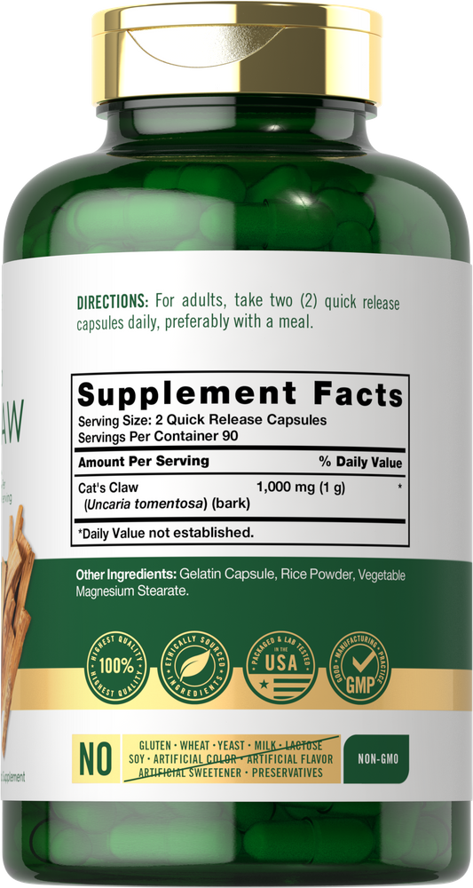 Green bottle of Cat's Claw 1000mg quick release capsules shown on a hand scale.