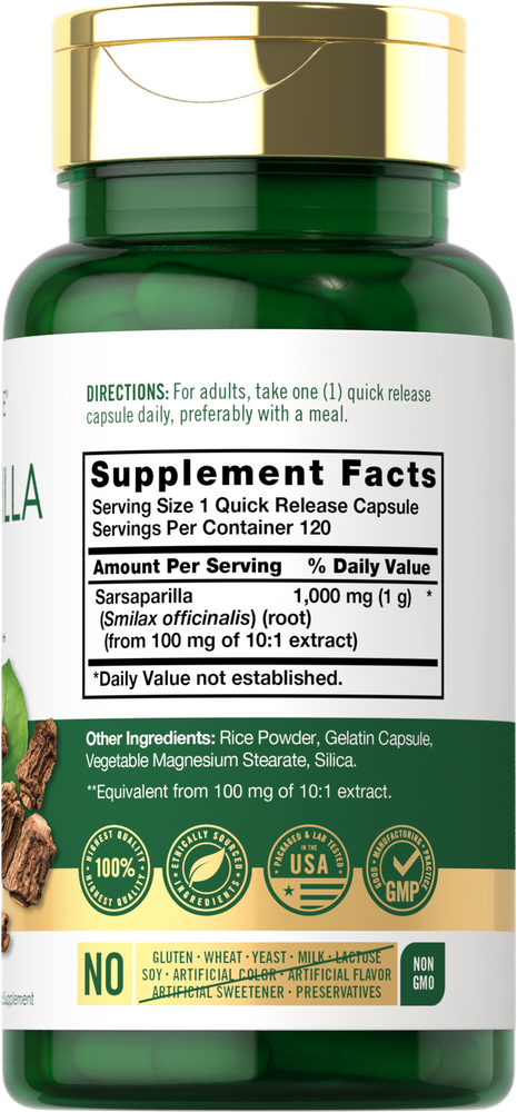 A hand holds Sarsaparilla Root 1000 mg capsules, showing a bottle containing 120 capsules.