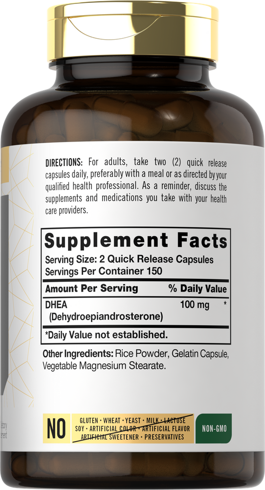 Quick release capsules of DHEA 50 mg displayed on a hand scale.