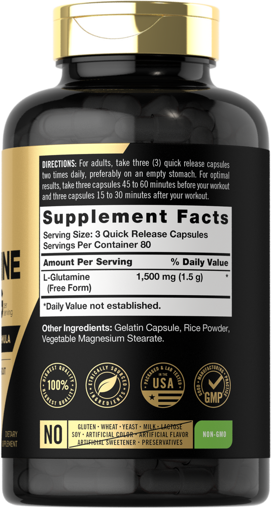 Hand holding a bottle of L-Glutamine 500 mg quick release capsules highlighting product size and dosage in an everyday setting.