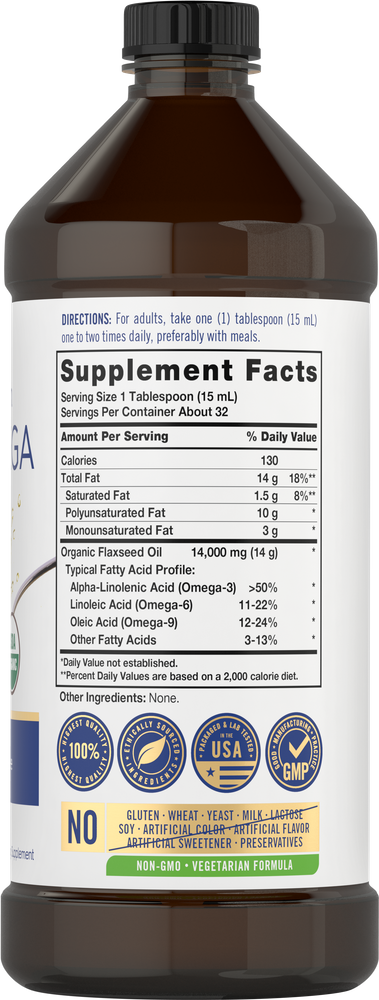 Hand holding a Carlyle Vegan Omega 3 6 9 liquid bottle, 16 fl oz, showing product scale and size.