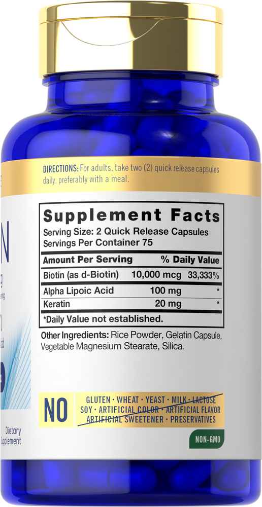 Carlyle Biotin 10,000 mcg and Keratin Complex, 150 quick-release capsules, shown on a hand scale.
