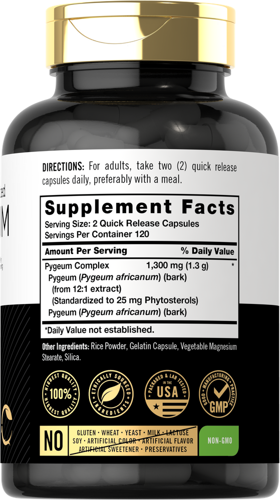 Hand holding Pygeum Standardized 1300 mg Quick Release Capsules, 1300 mg per 2 capsules.