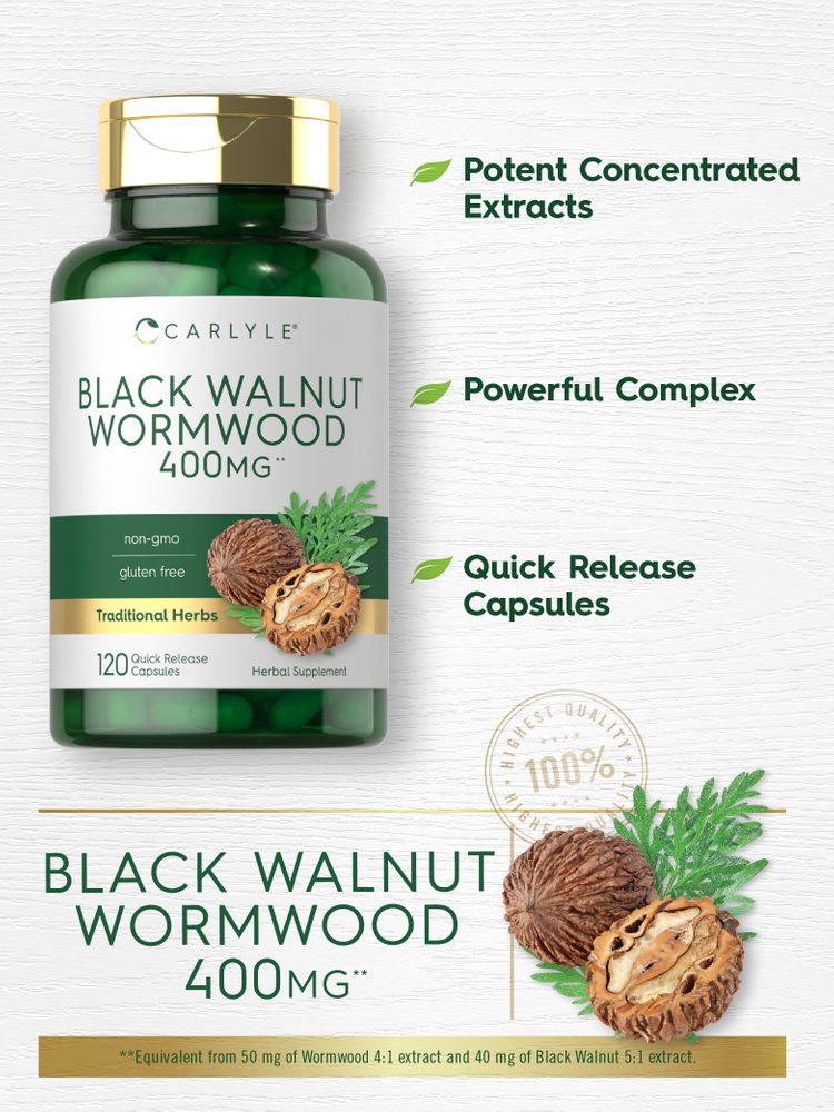 Black Walnut Wormwood 400MG, 120 quick release capsules shown on a hand scale, highlighting product size and details.