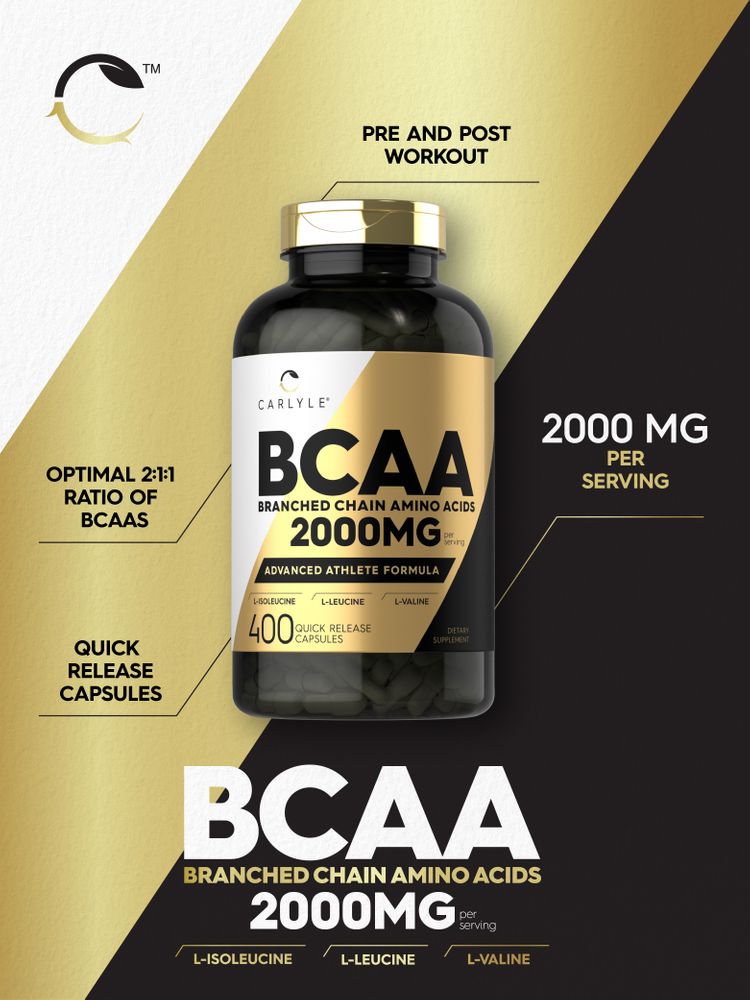 Carlyle BCAA capsules, 2000 mg, 400 count shown on a hand scale for size reference.