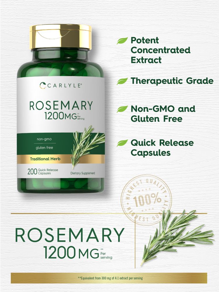 Hand holding a bottle of Rosemary 1200 mg Quick Release Capsules with label visible.