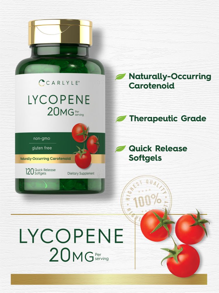 120 green Quick Release Softgels, each serving contains 20 mg of Lycopene.