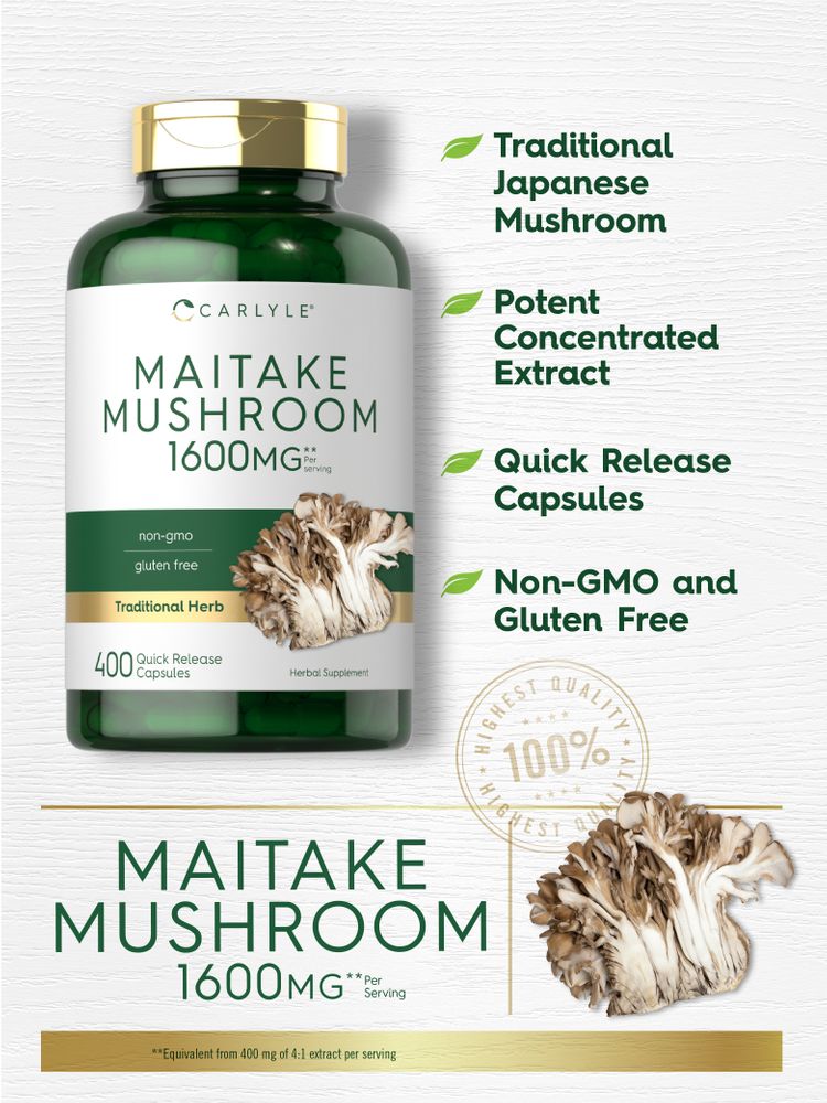 1600 mg Maitake Mushroom in 400 quick-release capsules, shown with a hand for scale.