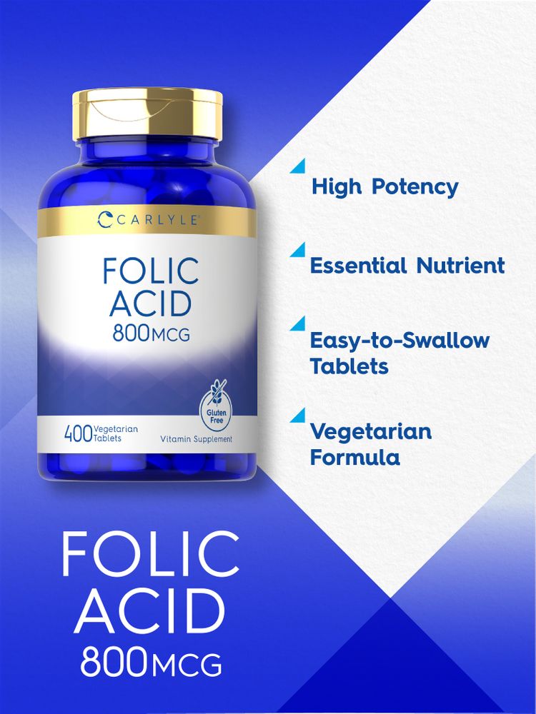 Hand holding a bulk scale with a bottle of 400 tables labeled as 800 MCG Folic Acid and vegetarian-friendly.