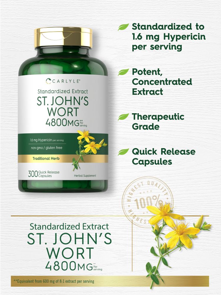 Scale with a hand holding Carlyle St. John's Wort 4800 mg Quick Release Capsules bottle.