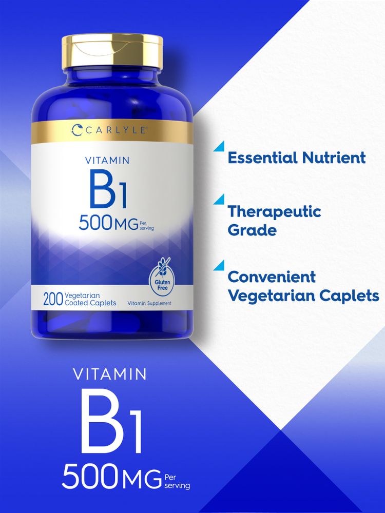 Hand holding Carlyle Vitamin B1 500mg, 200 vegetarian coated caplets bottle on a scale.