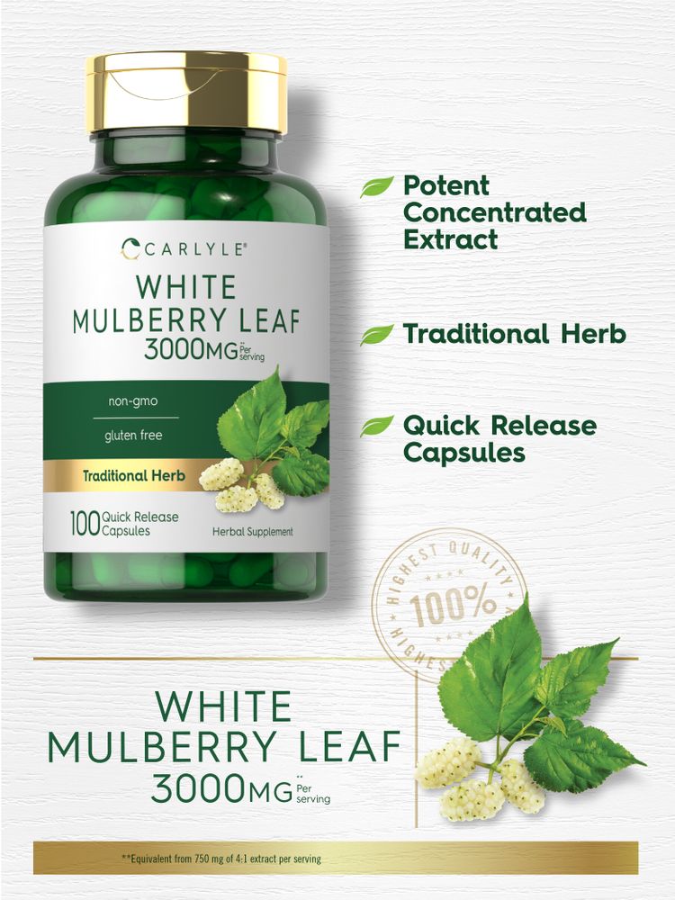 White Mulberry Leaf Quick Release Capsules with 3000MG per serving come in a 100 count bottle.