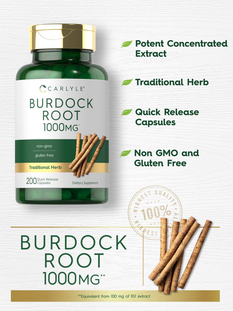 Raw burdock root pieces next to 'BURDOCK ROOT 1000MG**'. Footnote: '**Equivalent from 100 mg of 10:1 extract'.