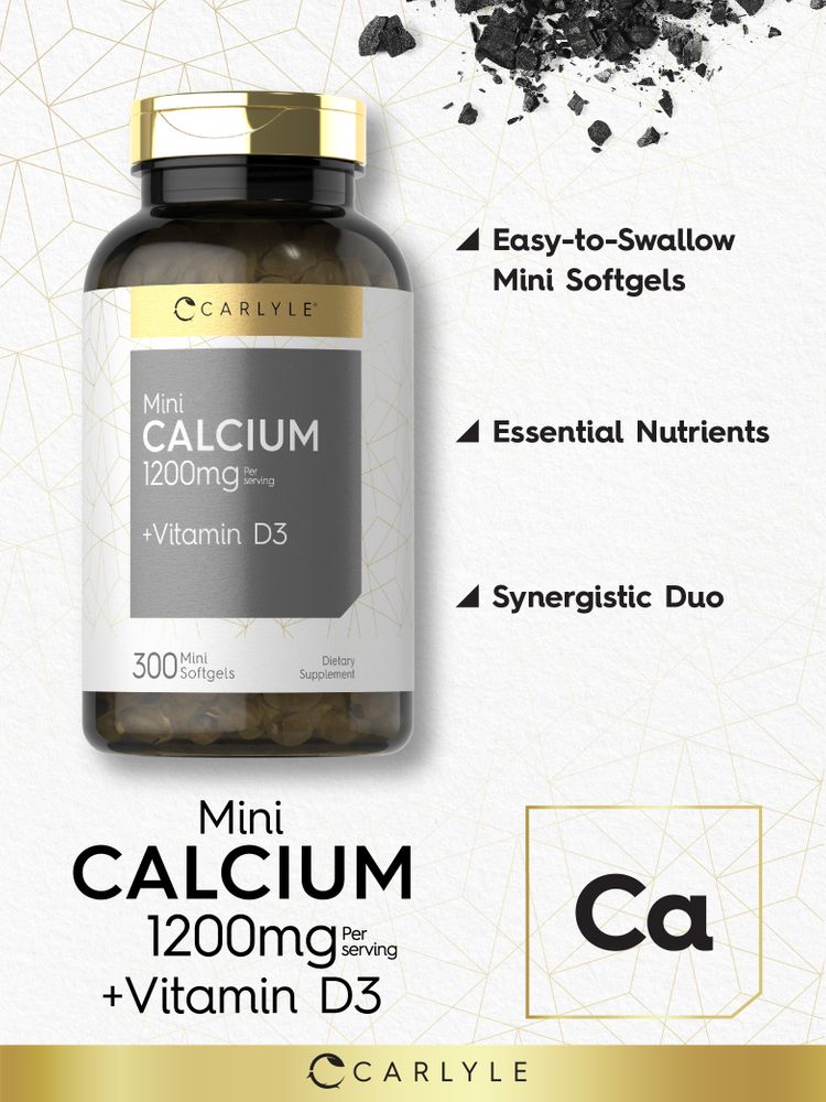 Carlyle Mini Calcium 1200mg plus Vitamin D3 bottle with 300 mini softgels, shown for size comparison against a hand scale.