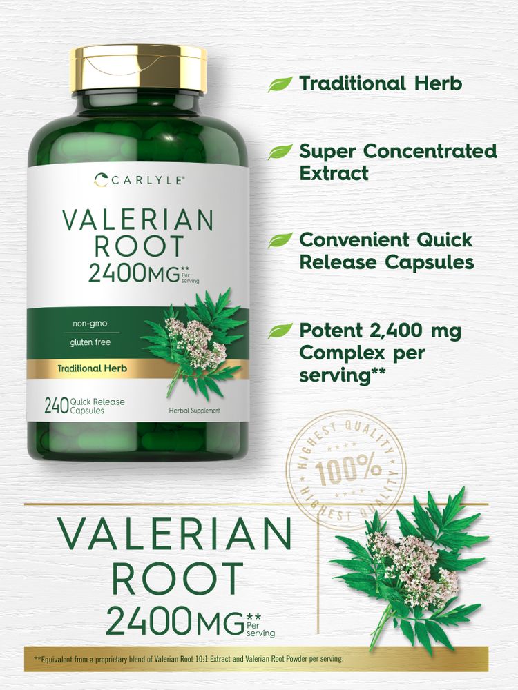 2400 mg Valerian Root Quick Release Capsules, 240-count bottle shown on a hand scale to indicate bulk size.
