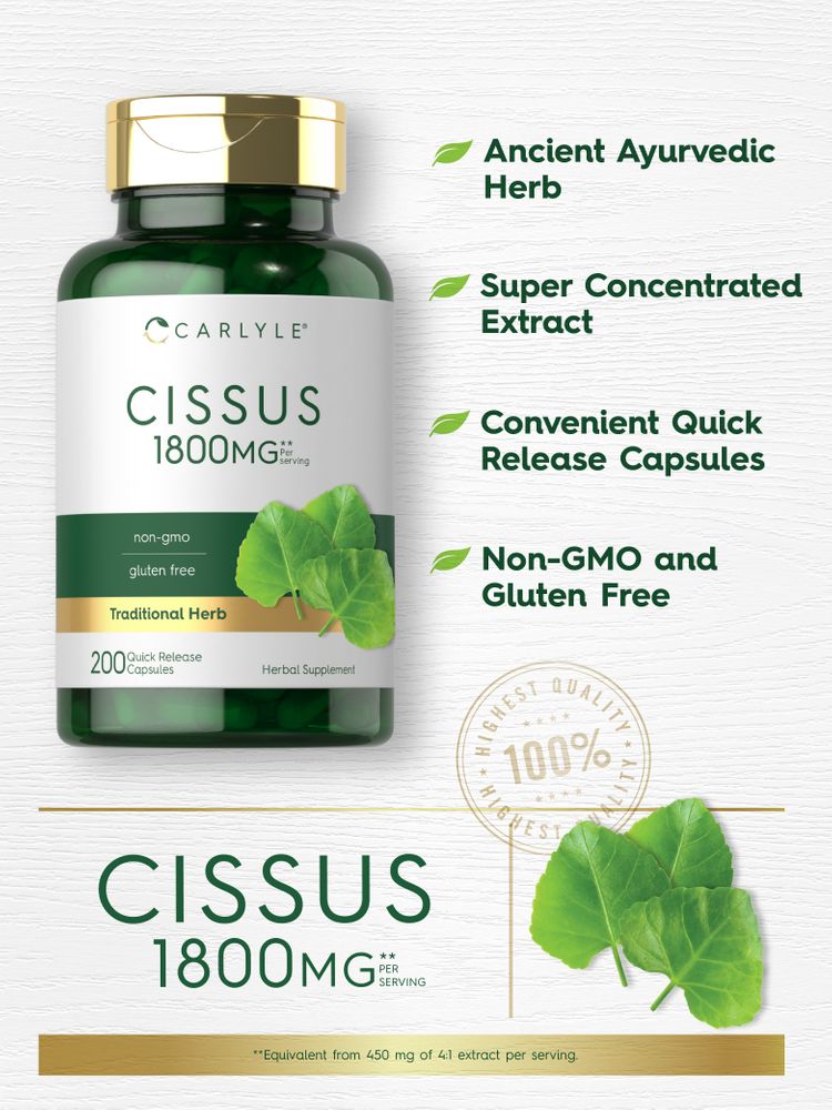 Carlyle Cissus 1800 mg bottle with 200 quick release capsules shown on a hand scale to illustrate bulk size and count.