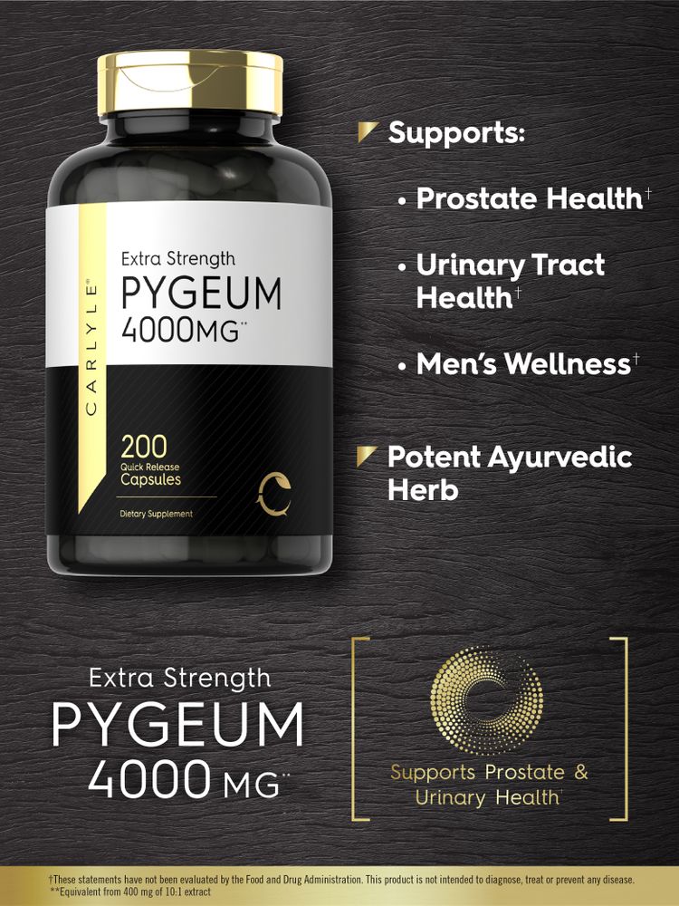 A hand holding a bottle of Pygeum 4000 mg, containing 200 quick release capsules, illustrating supplement scale and dosage.